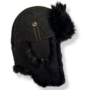 MAD BOMBER Hat Black Supplex Faux Fur Trapper Trooper Cossack Hat Unisex Medium